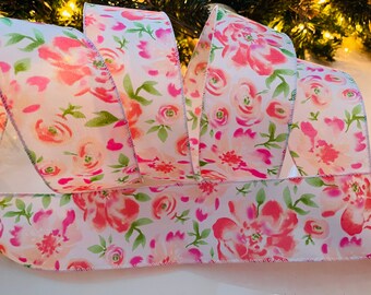 2.5” Watercolor Roses Wired Ribbon #152 - Sold By The Yard