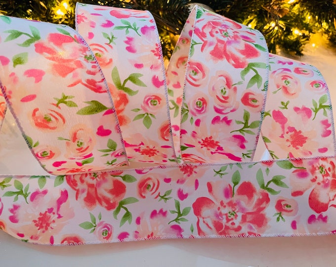 2.5” Watercolor Roses Wired Ribbon #152 - Sold By The Yard