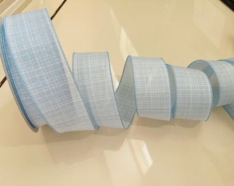 2.5" Baby Blue With White Canvas Wired Ribbon #93 - Sold By The Yard