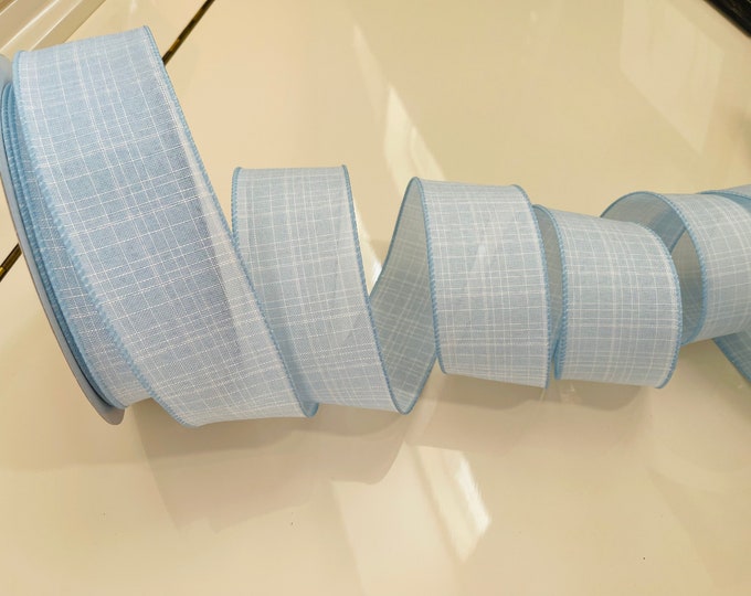 2.5" Baby Blue With White Canvas Wired Ribbon #93 - Sold By The Yard