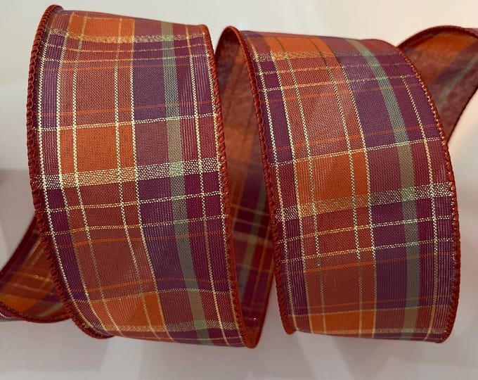 2.5" Fall Plaid Wired Ribbon: Purple, Orange, Green, Gold
