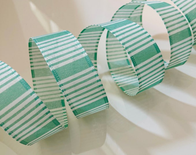 1.5” Sage Green & White Striped Wired Ribbon - Sold By The Yard