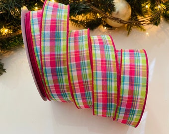1.5” Plaid Wired Ribbon: Pink, Green, & Blue - Sold By The Yard