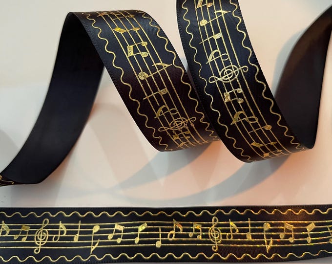 1” Black & Gold Music Note Ribbon - This Ribbon Is Not Wired #41