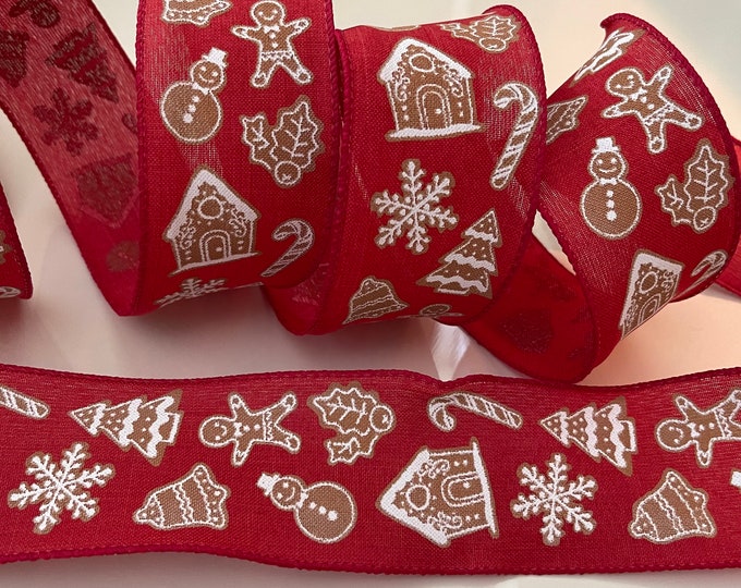 2.5” Christmas Cookies Wired Ribbon: Snowflakes, Gingerbread Men, Candy Canes, Snowmen, Trees, Gingerbread Houses - Sold By The Yard #476