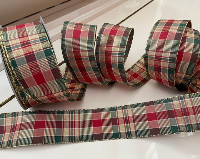 2.5” Red, Green, & Gold Plaid Wired Ribbon #416 - Sold By The Yard