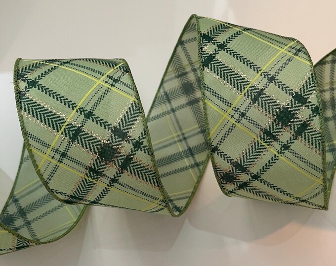 2.5” Green & Gold Sparkly Plaid Wired Ribbon
