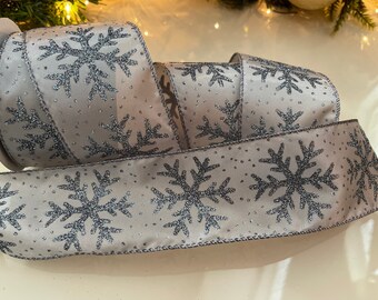 2.5” Gray Sparkle Snowflake Wired Ribbon - Perfect for Gift Wrapping, Wreaths, Decor & Much More! - Sold By The Yard