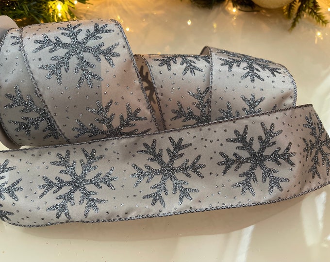 2.5” Gray Sparkle Snowflake Wired Ribbon - Perfect for Gift Wrapping, Wreaths, Decor & Much More! - Sold By The Yard