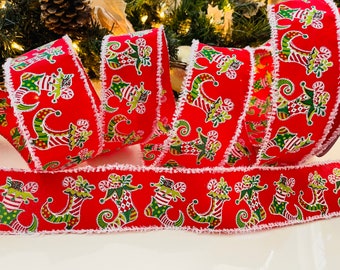 2.5” Red & Green Elf Stocking Wired Ribbon #437 - Sold By The Yard
