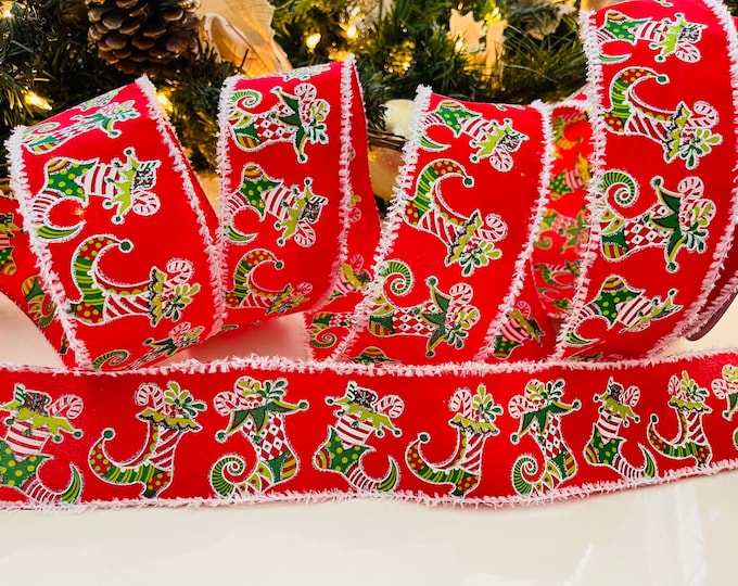 2.5” Red & Green Elf Stocking Wired Ribbon #437 - Sold By The Yard