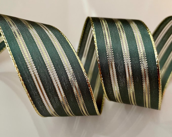 1.5” Green & Gold Striped Wired Ribbon