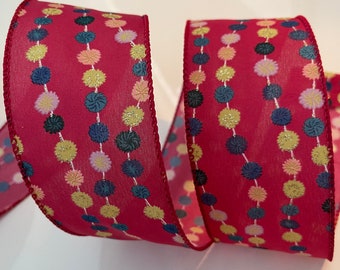 2.5” Colorful Pom Pom Red Wired Ribbon #417 - Sold By The Yard