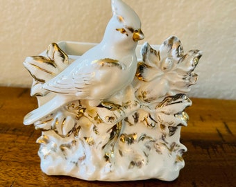 Vintage Ceramic White & Gold Bird Pen/Pencil Holder