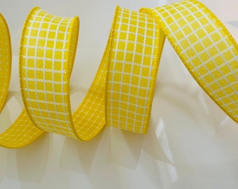 1.5” Yellow & White Embroidered Square Pattern Wired Ribbon #904 - Sold By The Yard