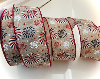 2.5” Red, White, and Blue Firework Wired Ribbon With Red Trim #3045 - Sold By The Yard