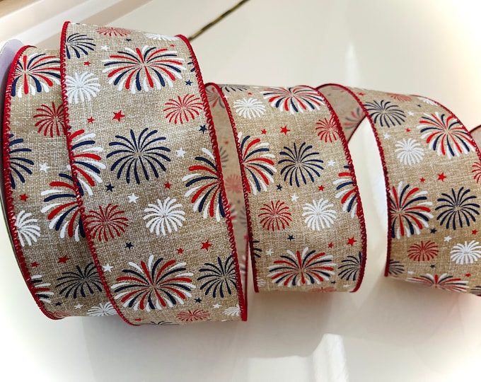 2.5” Red, White, and Blue Firework Wired Ribbon With Red Trim #3045 - Sold By The Yard