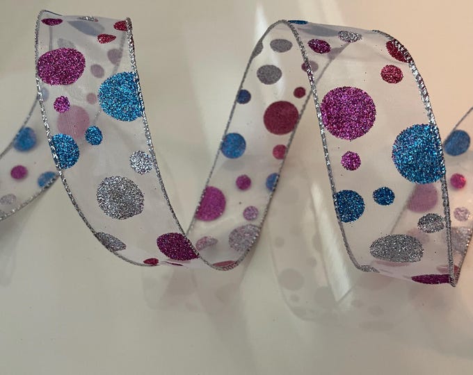 1.5” Pink, Blue, & Silver Glitter Dots Sheer Wired Ribbon - Sold By The Yard