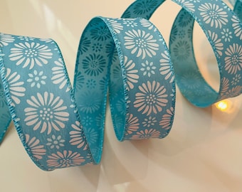 1.5” Turquoise & White Flower Wired Ribbon - Sold By The Yard