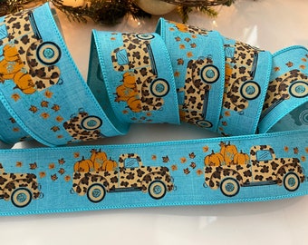 2.5" Cheetah Trucks Blue Canvas Wired Ribbon With Pumpkins & Leaves #312 - 10 Yard Roll