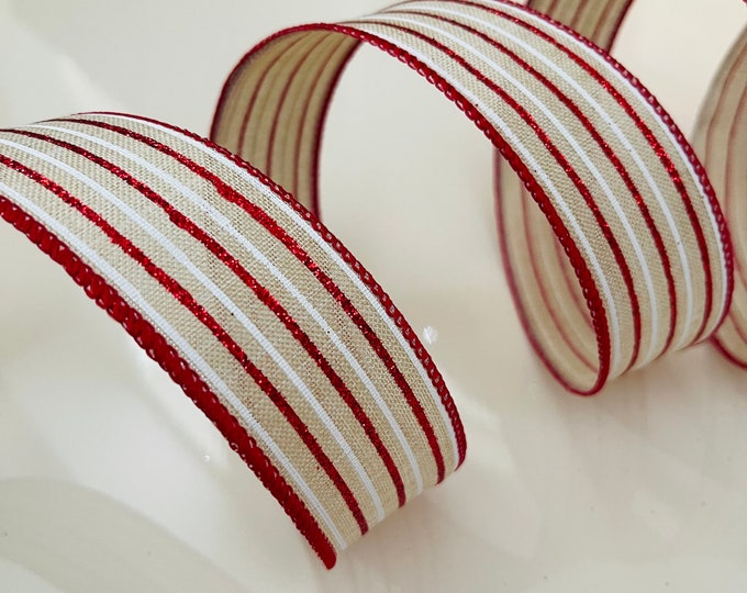 1.5” Red & Beige Glitter Stripe Wired Ribbon #457 - Sold By The Yard