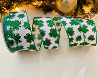 1.5” St. Patrick’s Day Wired Ribbon With Sparkly Green Clovers #207 - 10 Yard Roll