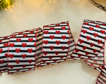 10 Yard Roll - 2.5” Striped Sparkle Hearts Wired Ribbon - Perfect for Gift Wrapping, Wreaths, Decor & Much More!