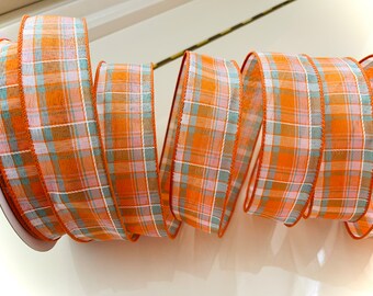 1.5” Orange & Light Teal Plaid Wired Ribbon - Sold By The Yard