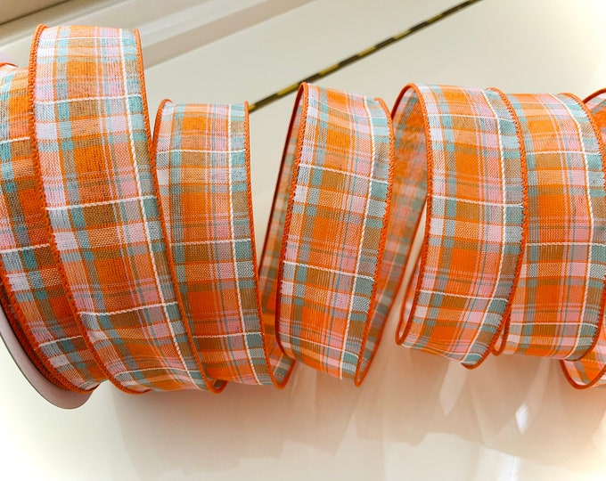 1.5” Orange & Light Teal Plaid Wired Ribbon - Sold By The Yard
