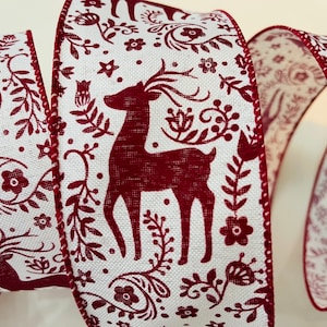 2.5” Dark Red & White Christmas Reindeer Wired Ribbon #423