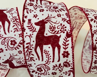2.5” Dark Red & White Christmas Reindeer Wired Ribbon #423 - Sold By The Yard