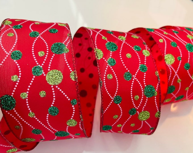 2.5" Whimsical Glittery Polka Dots Red and Green Wired Ribbon #327 - Sold By The Yard