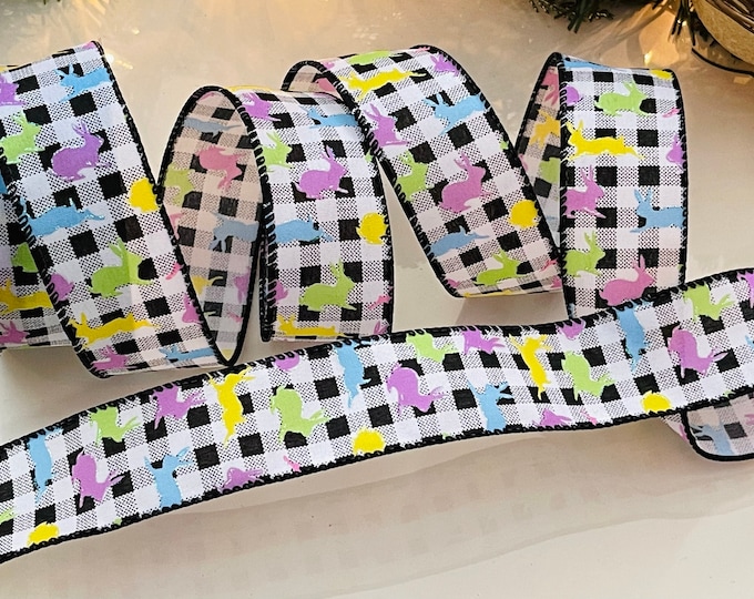 1.5” Gingham Wired Ribbon With Colorful Bunnies #807 - 10 Yard Roll