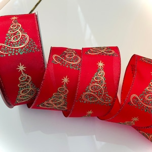 2.5” Red With Sparkle Christmas Trees Wired Ribbon #194 - Sold By The Yard