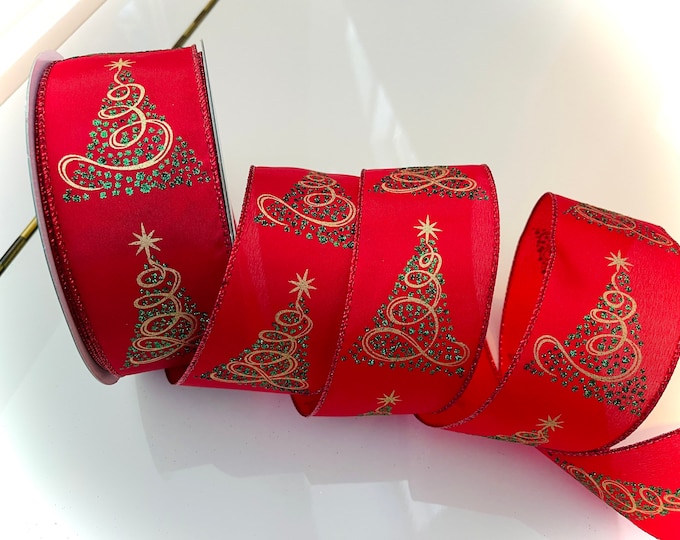 2.5” Red With Sparkle Christmas Trees Wired Ribbon #194 - Sold By The Yard