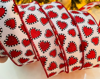 1.5” White Wired Ribbon With Red Sparkle Hearts #2488 - Sold By The Yard