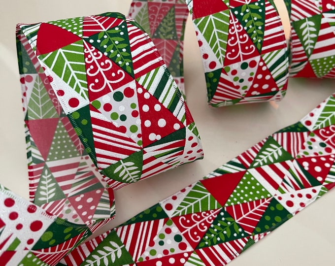 2.5” Red, Green, & White Glitter Funky Tree Wired Ribbon #254 - Sold By The Yard