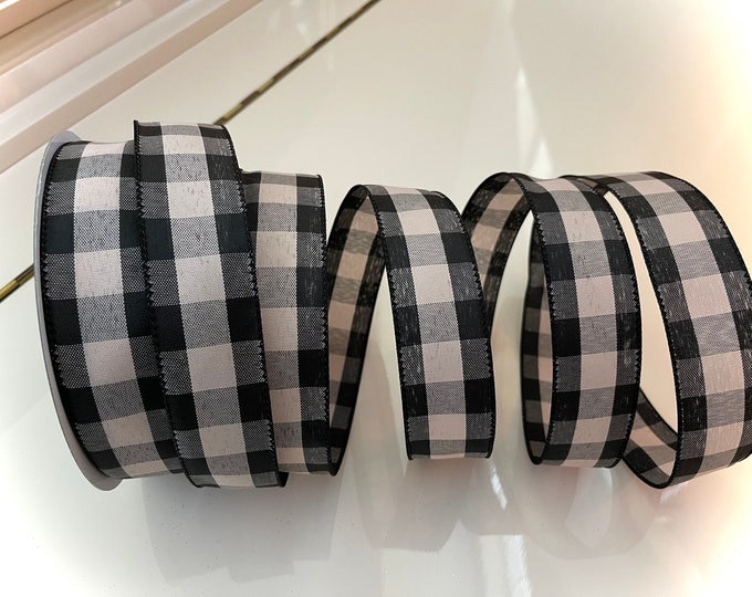 1.5” Black & Cream Plaid Wired Ribbon #159 - Sold By The Yard