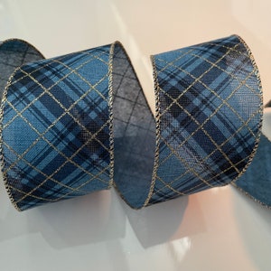 2.5” Blue with Gold Glitter Plaid Wired Ribbon #244