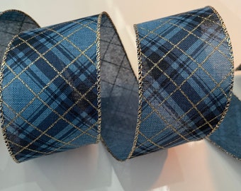 2.5” Blue with Gold Glitter Plaid Wired Ribbon #244 - Sold By The Yard