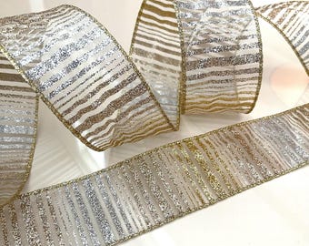 2.5” Glitter Stripes Sheer Wired Ribbon: Gold, Rose Gold, & Silver #914 - Sold By The Yard