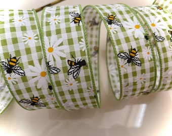 1.5” Green and White Gingham, Bumblebees & Daisies Wired Ribbon #803 - Sold By The Yard