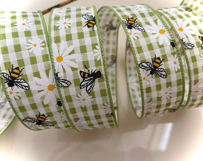 1.5” Green and White Gingham, Bumblebees & Daisies Wired Ribbon #803 - Sold By The Yard