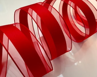 1.5” Red Sheer with Solid Center Silky Satin Wired Ribbon