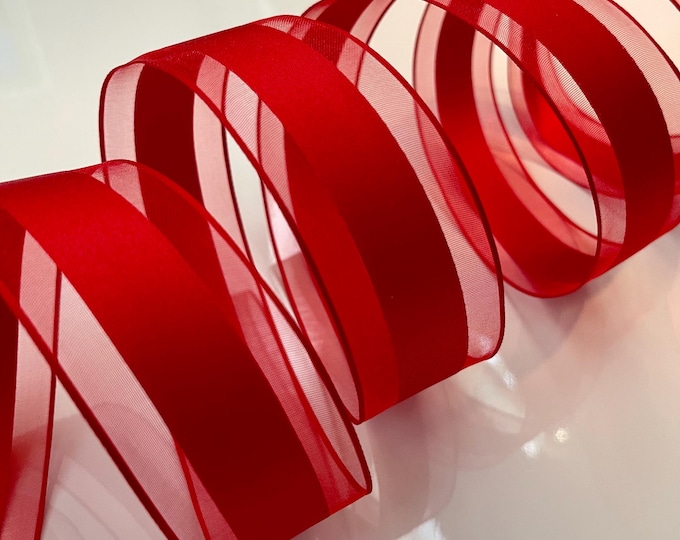 1.5” Red Sheer with Solid Center Silky Satin Wired Ribbon
