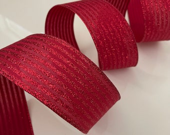 2.5” Ruby Red Glitter Stripes Wired Ribbon - Sold By The Yard