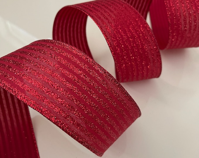 2.5” Ruby Red Glitter Stripes Wired Ribbon - Sold By The Yard