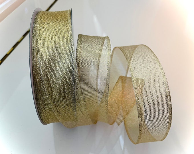 1.5” Sheer Gold Wired Ribbon - Perfect for Gift Wrapping, Wreaths, Decor & Much More! #288 - Sold By The Yard