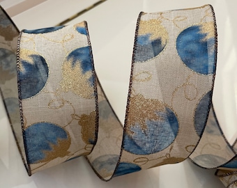 2.5” Christmas Ornament Wired Ribbon: Blue, Gold, & Beige #427 - Sold By The Yard