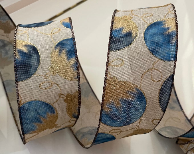 2.5” Christmas Ornament Wired Ribbon: Blue, Gold, & Beige #427 - Sold By The Yard